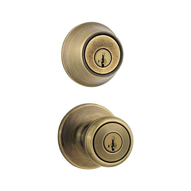 Kwikset 690T-5S Combo Keyed Entry Tylo Knob with Single Cylinder Deadbolt SmartKey with RCAL Latch and RCS Strike Antique Brass Finish