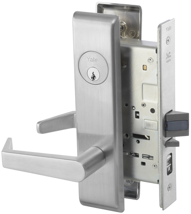 Yale Commercial AUCN8808FL626 Classroom Mortise Lock with Augusta Lever and Camden Escutcheon with Para Keyway with 2815 Curved Lip Strike Satin Chrome Finish
