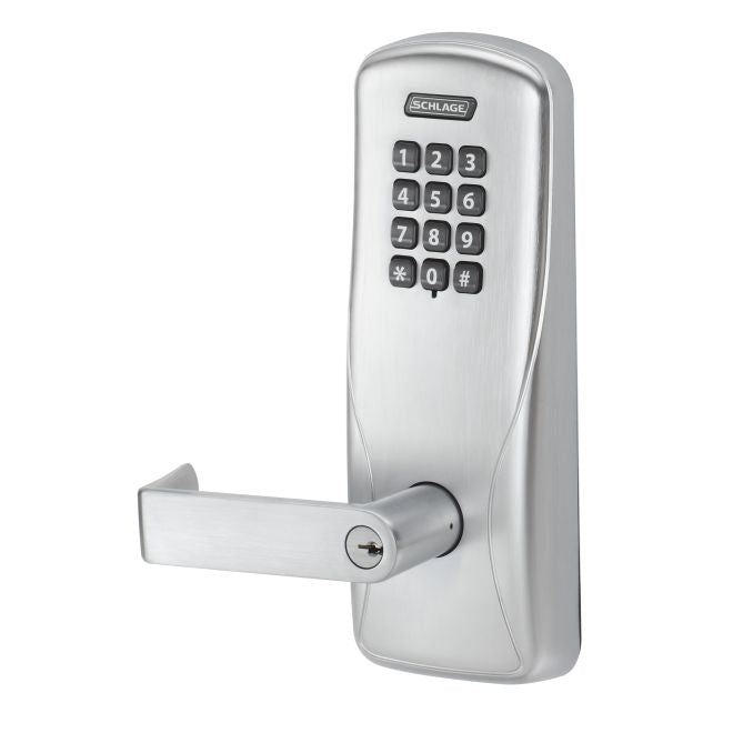 Schlage Electronic CO100CY70KPRHO626J Standalone Keypad Programmable Electronic Lock Cylindrical Classroom / Storeroom Keypad Rhodes Lever with Large Format Less Core Satin Chrome Finish