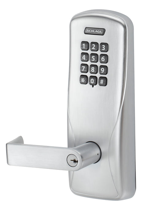 Schlage Electronic CO100CY70KPRHO626 Standalone Keypad Programmable Electronic Lock Cylindrical Classroom / Storeroom Keypad Rhodes Lever with 13247 Latch and 10025 Stike with C Keyway Satin Chrome Finish