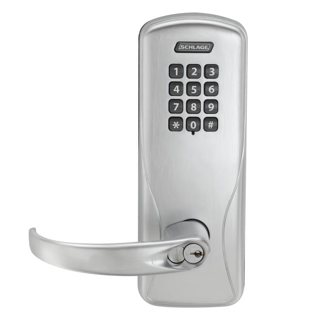 Schlage Electronic CO100CY70KPSPA626B Standalone Keypad Programmable Electronic Lock Cylindrical Classroom / Storeroom Keypad Sparta Lever with Small Format Less Core Satin Chrome Finish