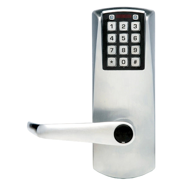 Kaba Simplex E2031XSLL626 Eplex Cylindrical Electronic Pushbutton Lock with 1/2" Throw and 2-3/4" Backset; Key in Lever; Long Lever Satin Chrome Finish