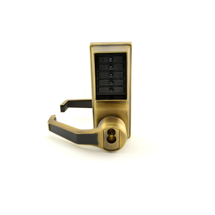 Kaba Simplex LL1021S05 Left Hand Mechanical Pushbutton Lever Lock with Key Override; Schlage Prep and 2-3/4" Backset Antique Brass Finish
