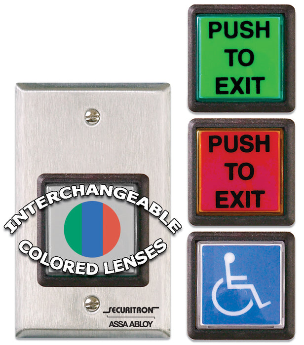 Securitron PB2E Push Button Momentary; Single Gang; Green / Red / Handicap Satin Stainless Steel Finish