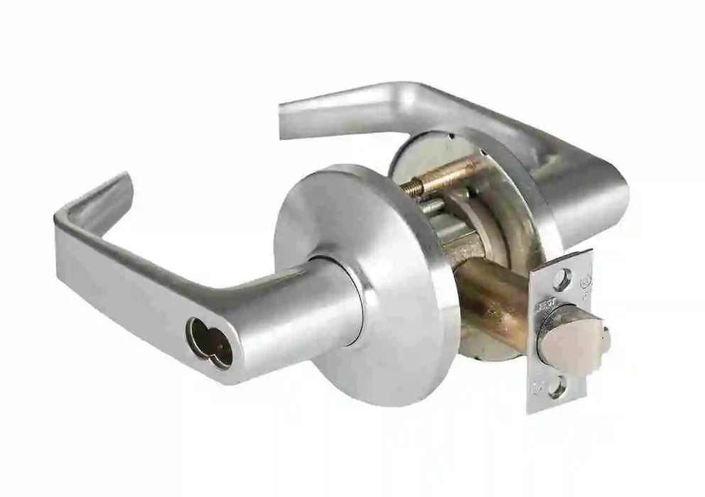 7 Pin Storeroom Lever Lock 15 and D Rose with ANSI Strike Less Core Satin Chrome Finish