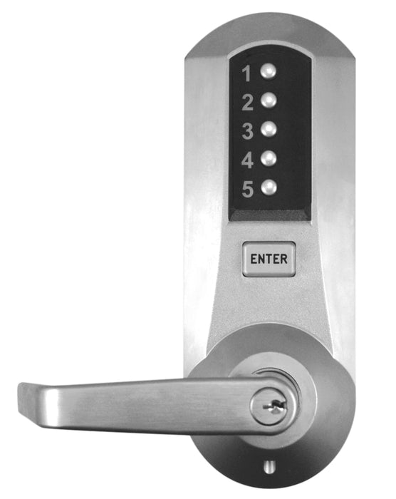 Kaba Simplex 5021XSWL26D Mechanical Pushbutton Cylindrical Lock with 2-3/4" Backset; Kaba Schlage C Cylinder and Winston Lever Satin Chrome Finish