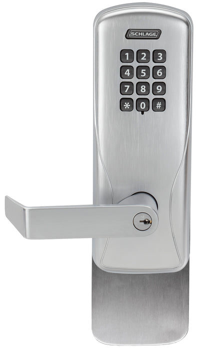 Schlage Electronic CO100993S70KPRHO626 Standalone Keypad Programmable Electronic Lock Surface Vertical Exit Trim Classroom / Storeroom Keypad Rhodes Lever with C Keyway Satin Chrome Finish