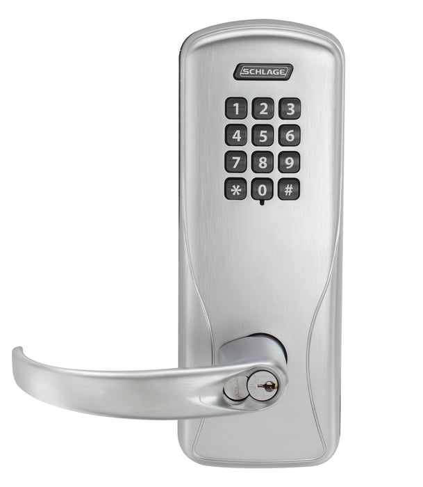 Schlage Electronic CO100CY70KPSPA626 Standalone Keypad Programmable Electronic Lock Cylindrical Classroom / Storeroom Keypad Sparta Lever with 13247 Latch and 10025 Stike with C Keyway Satin Chrome Finish