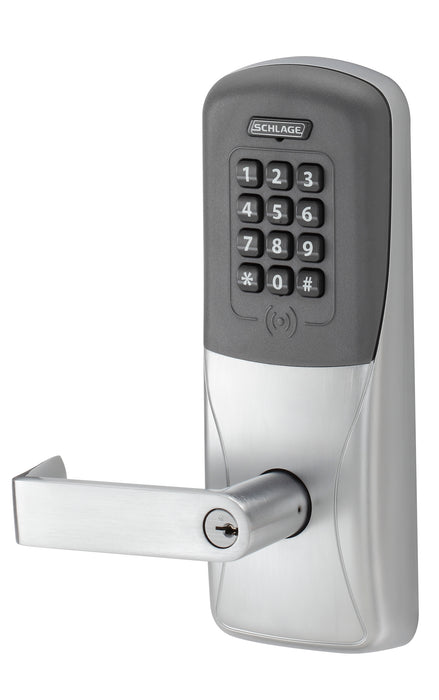Schlage Electronic CO200CY70PRKRHO626 Standalone Electronic Lock with Rights on Lock Cylindrical Classroom / Storeroom Proximity and Keypad Rhodes Lever with 13247 Latch and 10025 Stike with C Keyway Satin Chrome Finish