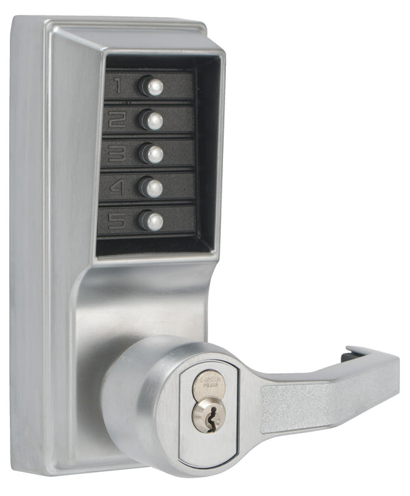 Kaba Simplex LL1076S26D Left Hand Mechanical Pushbutton Lever Lock Combination; Privacy; and Key Override; Schlage Prep; 2-3/4" Backset; and 3/4" Throw Satin Chrome Finish