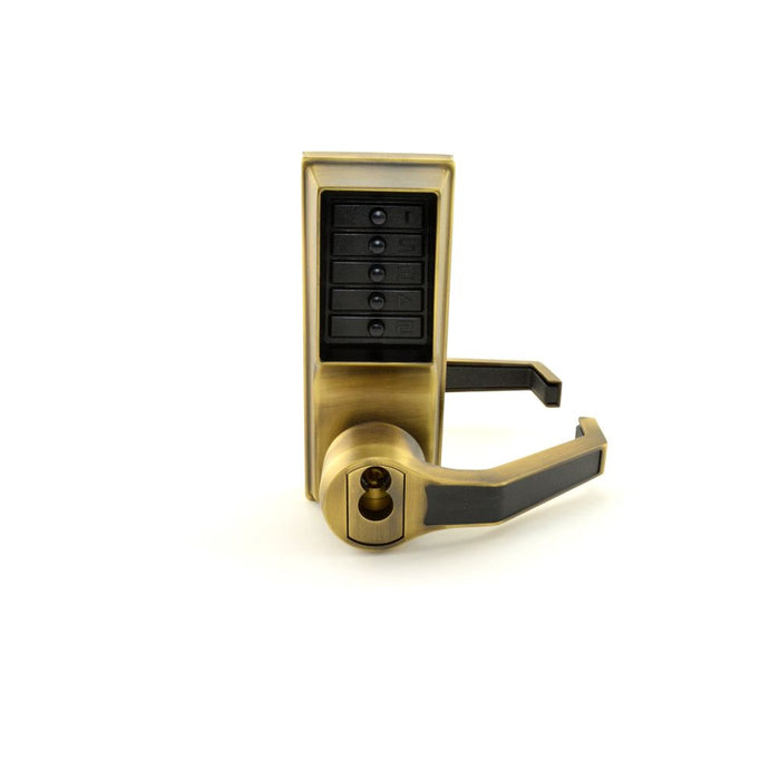 Kaba Simplex LR1021S05 Right Hand Mechanical Pushbutton Lever Lock with Key Override; Schlage Prep and 2-3/4" Backset Antique Brass Finish